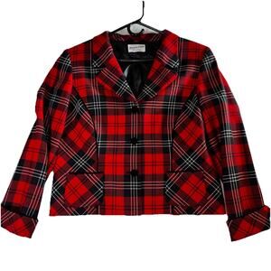 VTG Pendleton 100% Virgin Wool Blazer Jacket Womens 12 Red Black Tartan Plaid